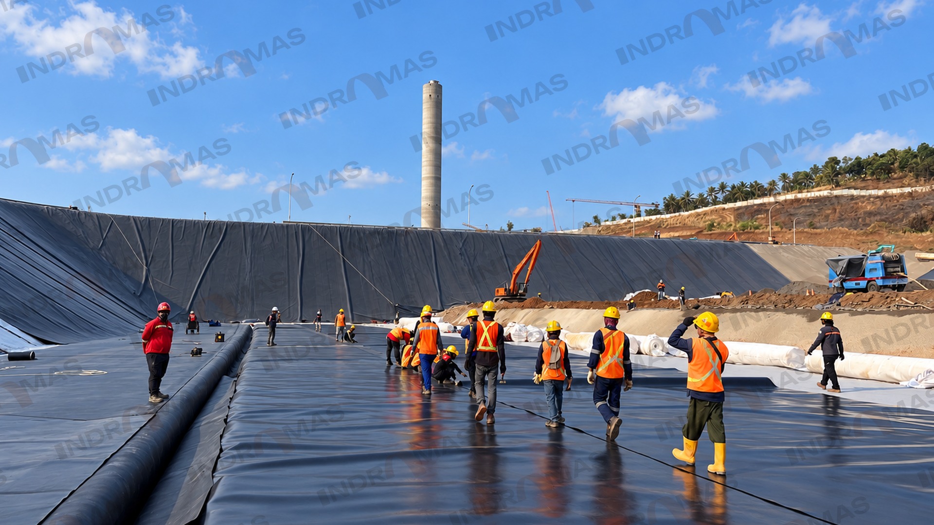 Indramas crew walking across newly installed HDPE geomembrane at a power-plant ash yard